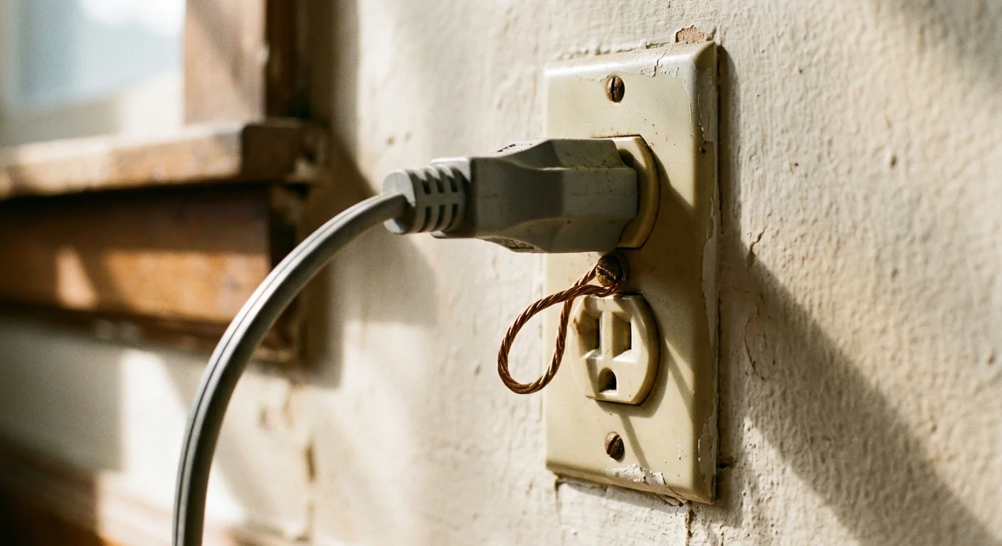 A power plug and a twisted wire loop inserted into an old electrical wall outlet on a textured wall.