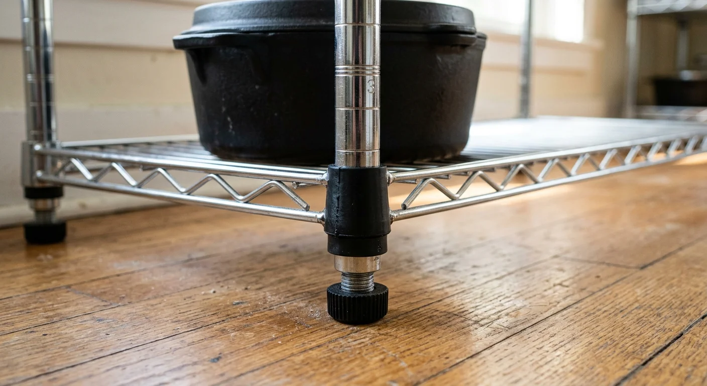 Low angle of a chrome wire shelf corner with black slip sleeve and leveling foot holding a cast iron pot on wood flooring.