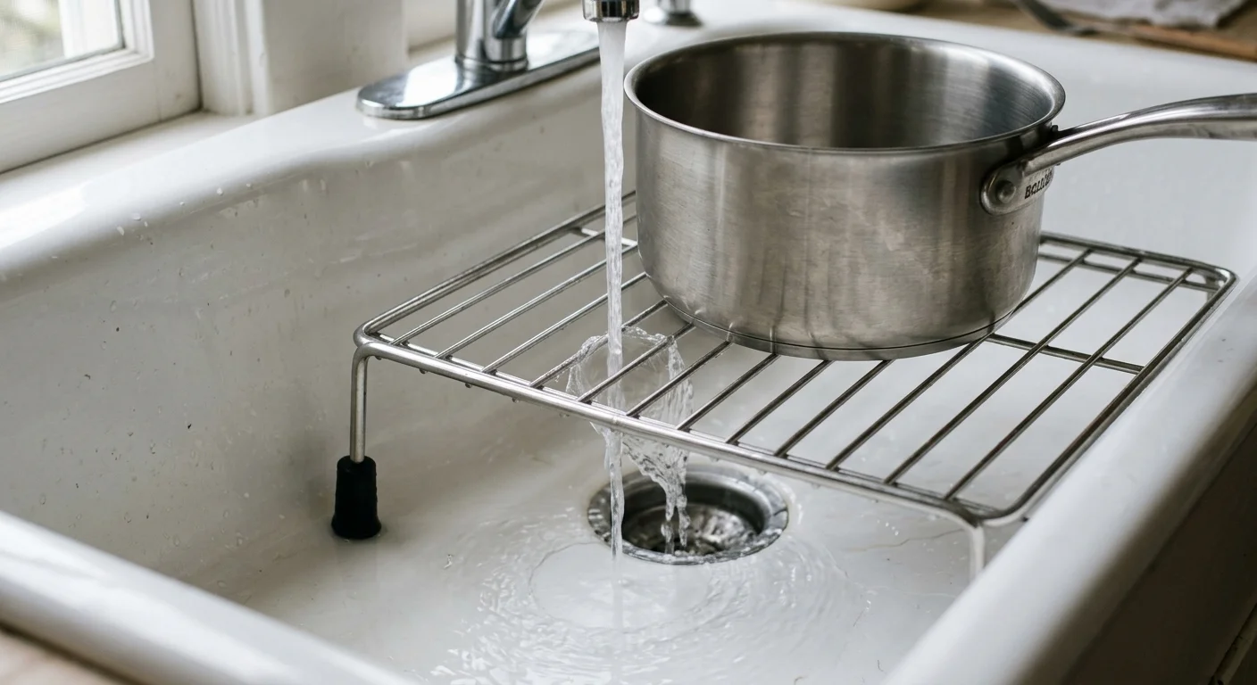 Stainless steel pot sitting on a wire sink grid in a white porcelain sink under running water.