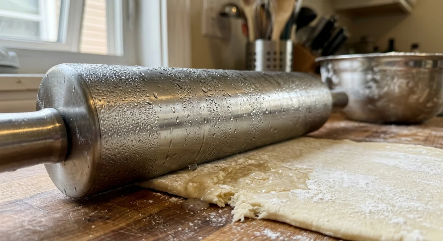 Condensation droplets coat a stainless steel rolling pin, dripping pooled water onto rolled pastry dough on a floured board.