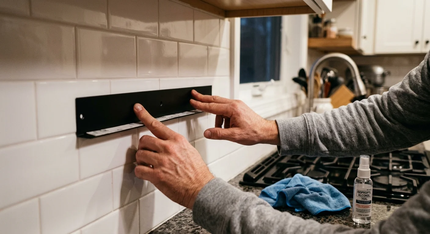 Hands pressing a black metal rack onto white subway tile above a stovetop beside an alcohol spray bottle and cloth.