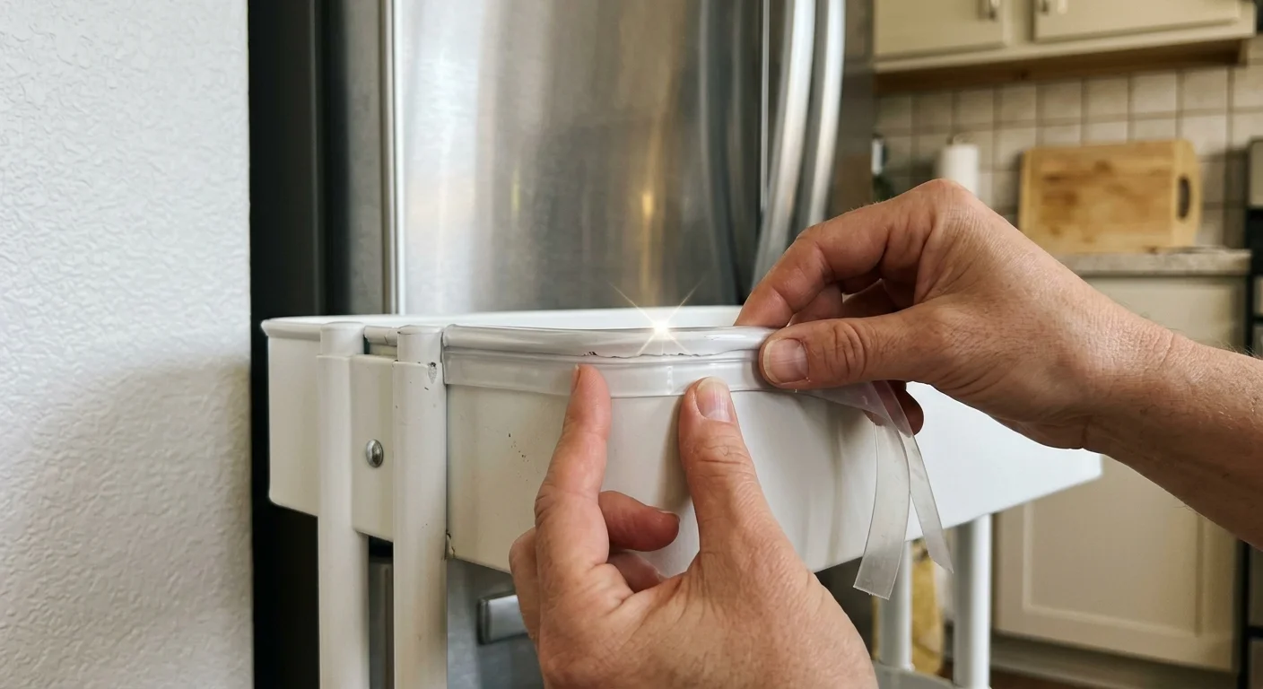 Close-up of hands installing clear silicone bumper tape along the edge of a slim rolling cart to protect refrigerator enamel.