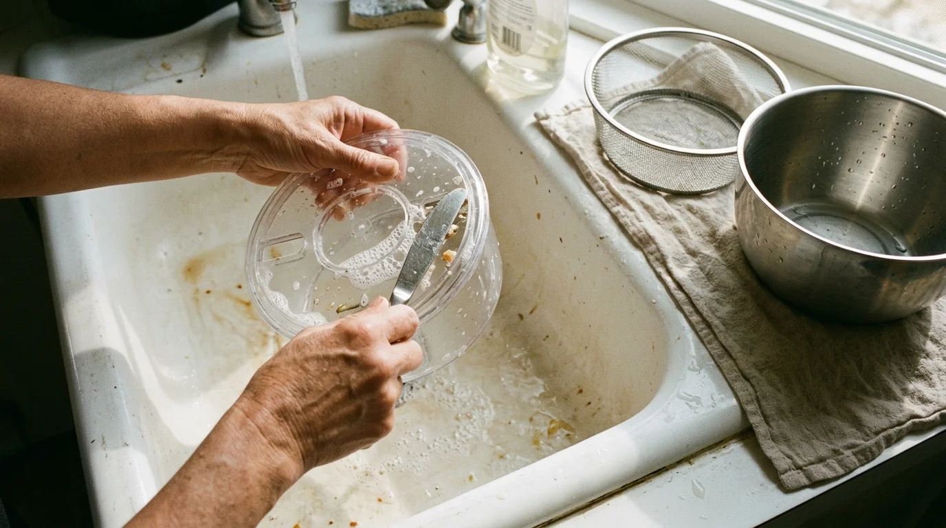 Hands use a butter knife to pry apart a clear plastic salad spinner lid over an enameled kitchen sink.