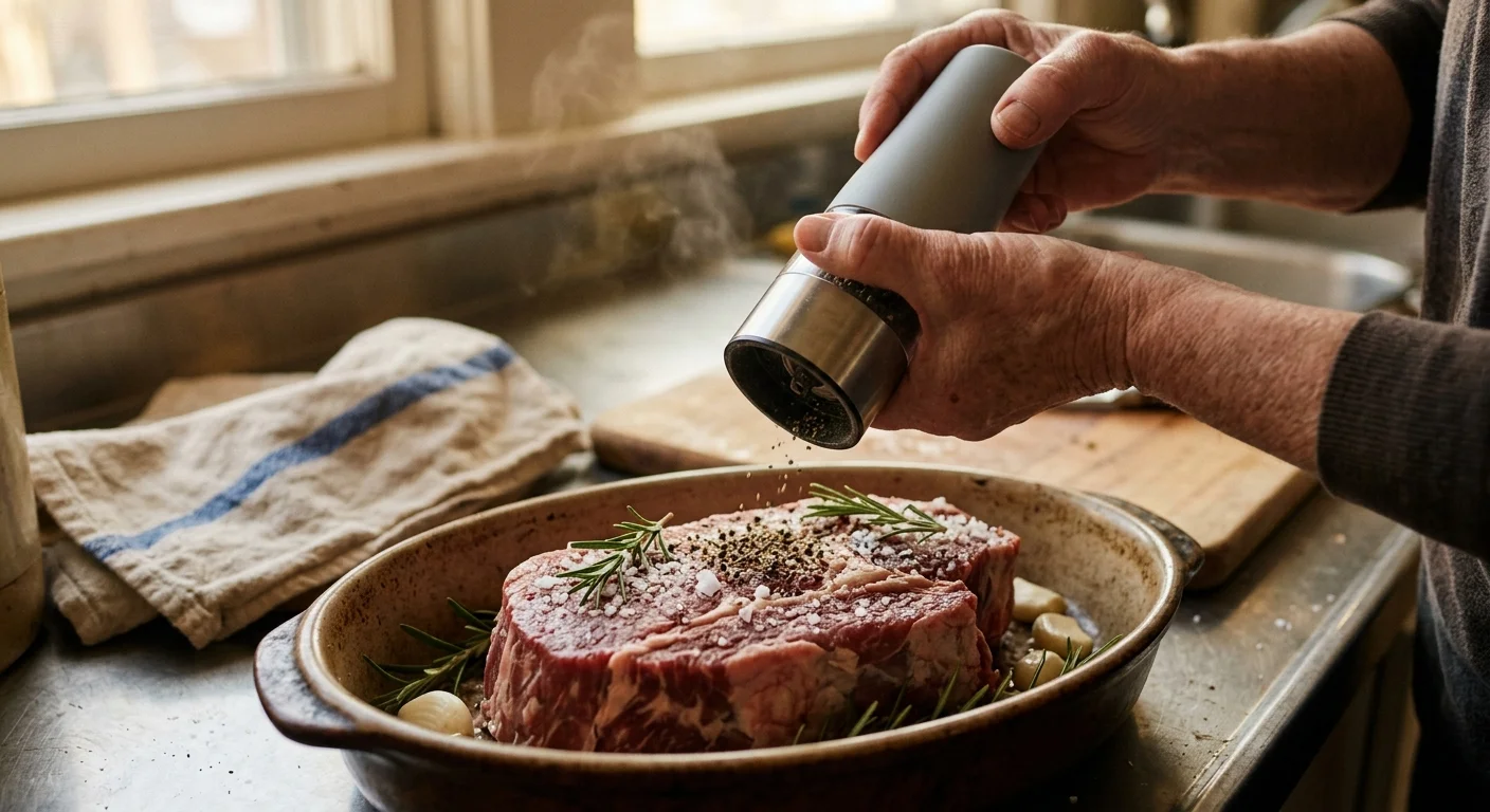 Hands holding a modern electric grinder upside down, dispensing ground pepper over raw beef seasoned with rosemary.