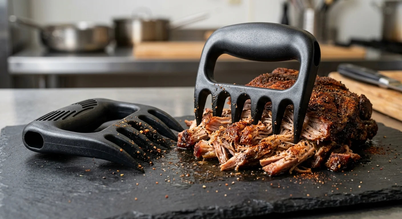 Close-up of heavy-duty black polycarbonate meat claws showing reinforced tine construction and meat release.