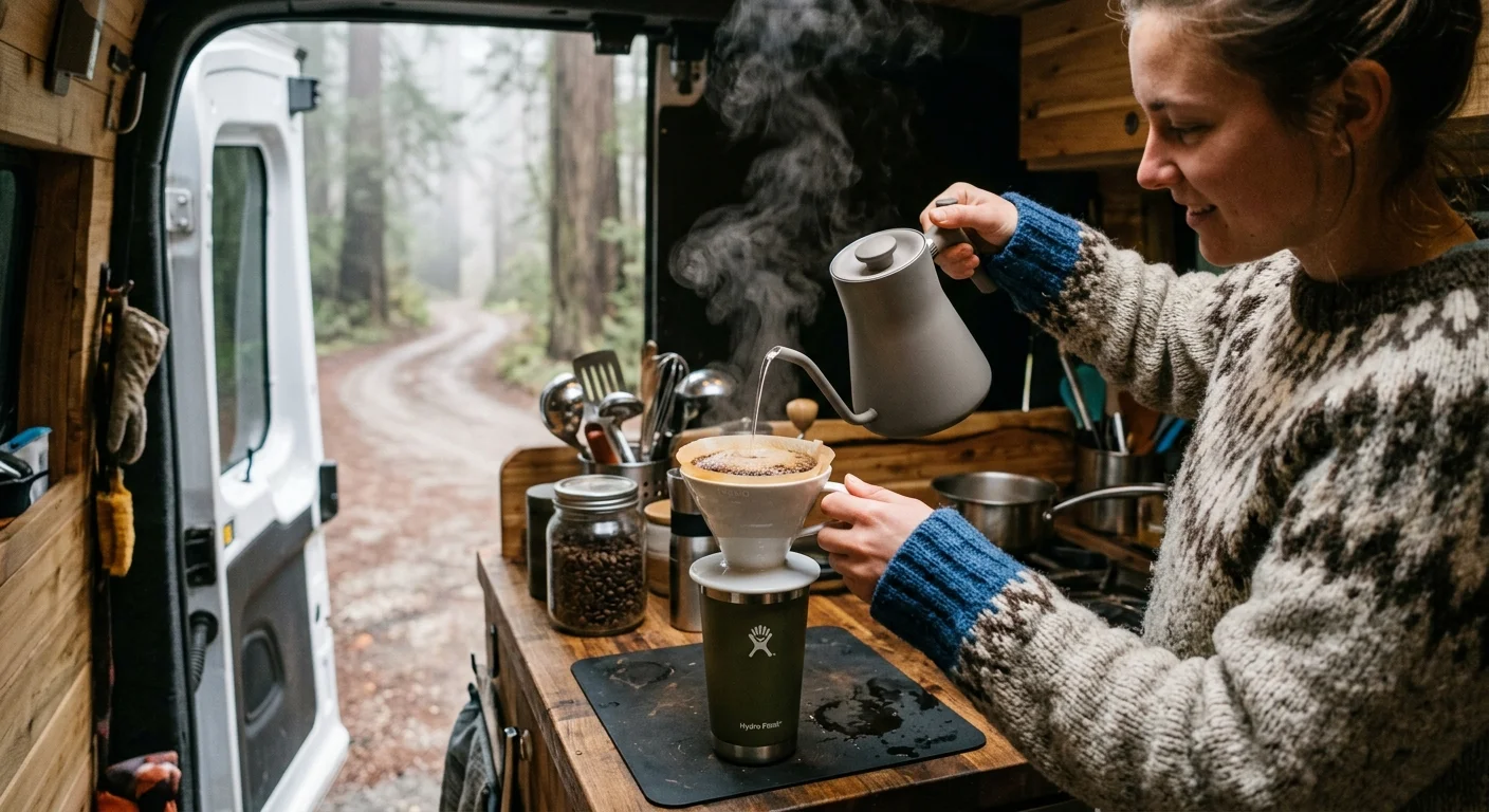 A woman inside a camper van pours hot water from a gooseneck kettle into a pour-over coffee filter by an open back door.
