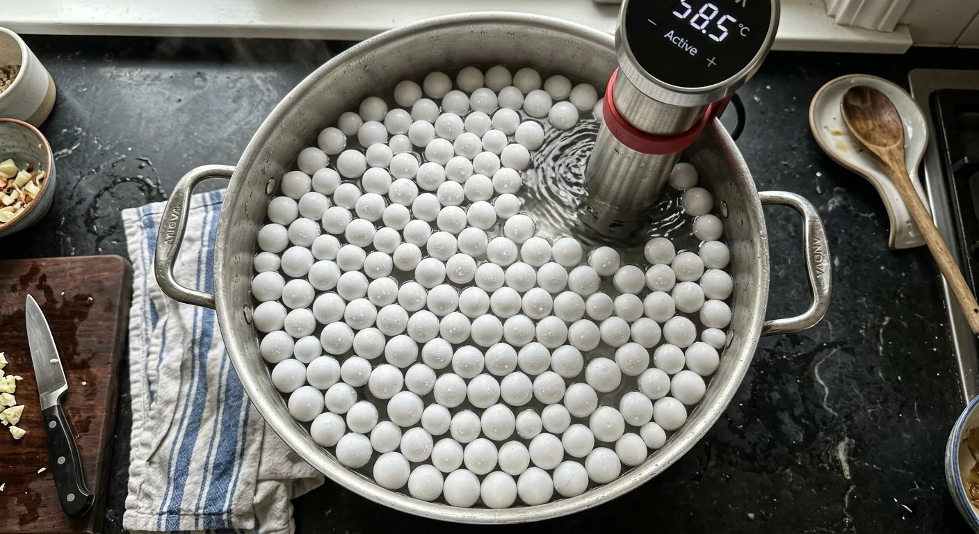 Overhead view of a large stockpot of water covered in floating white plastic balls around an immersion circulator.