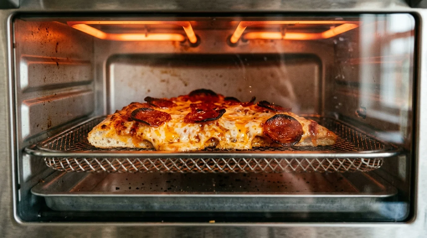 Close-up of radiant overhead toaster oven coils melting cheese and charring pepperoni edges on day-old pizza.