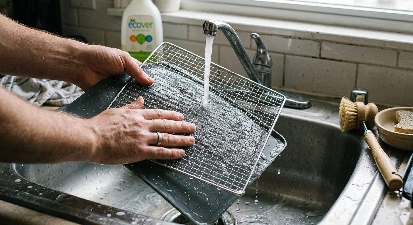 Hands washing a metal dehydrator mesh wire rack and plastic tray under running tap water in a kitchen sink.