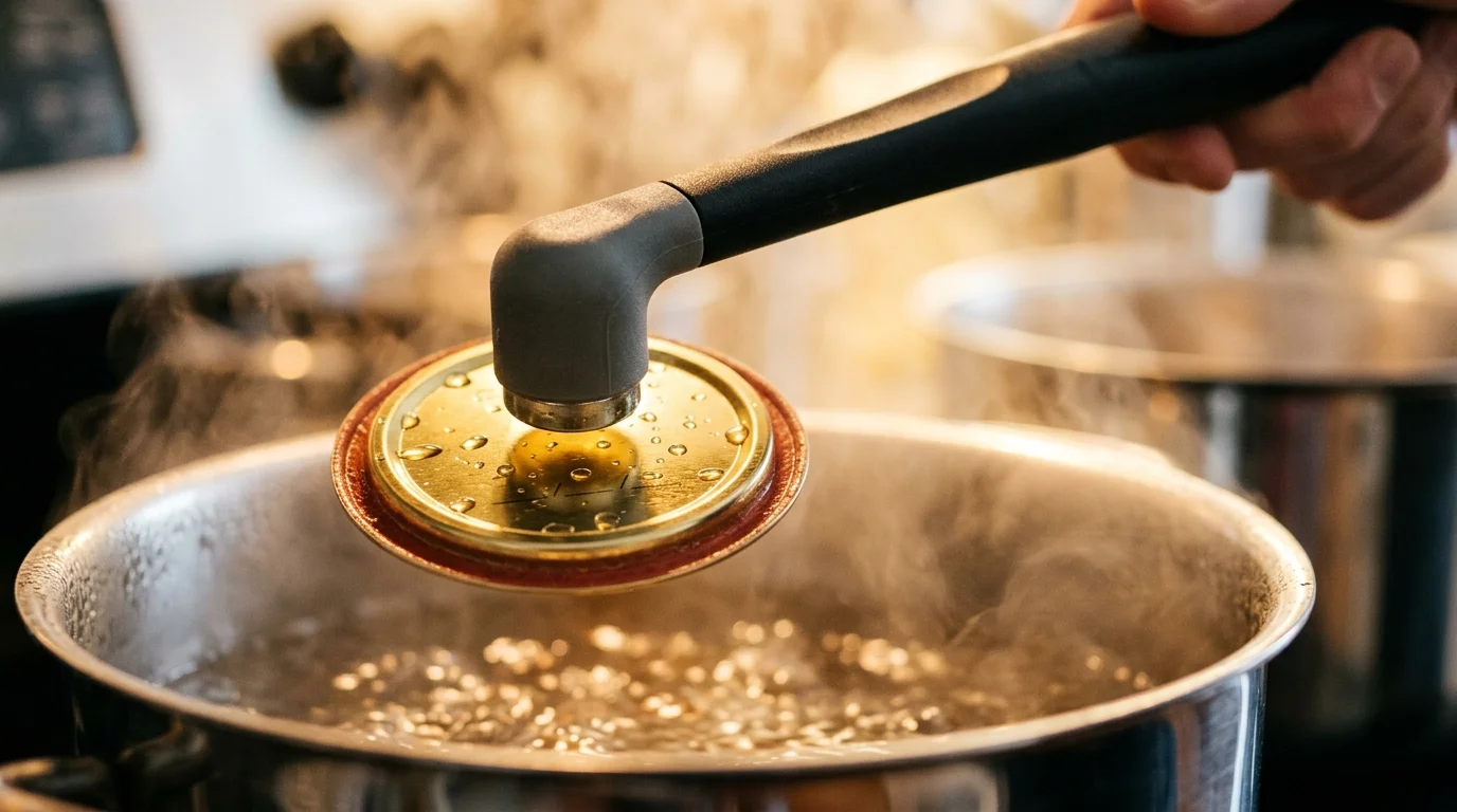 A magnetic lid lifter wand holds a steaming canning jar lid above a pot of simmering water on a stovetop.