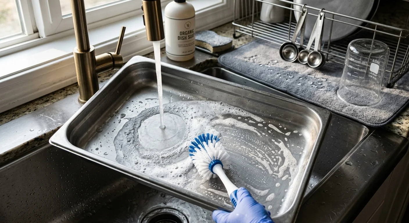 Gloved hand scrubbing a soapy stainless steel pan under running tap water in a kitchen sink.