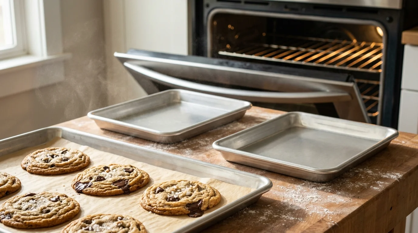 Freshly baked chocolate chip cookies on a sheet pan next to empty baking sheets in front of an open oven.