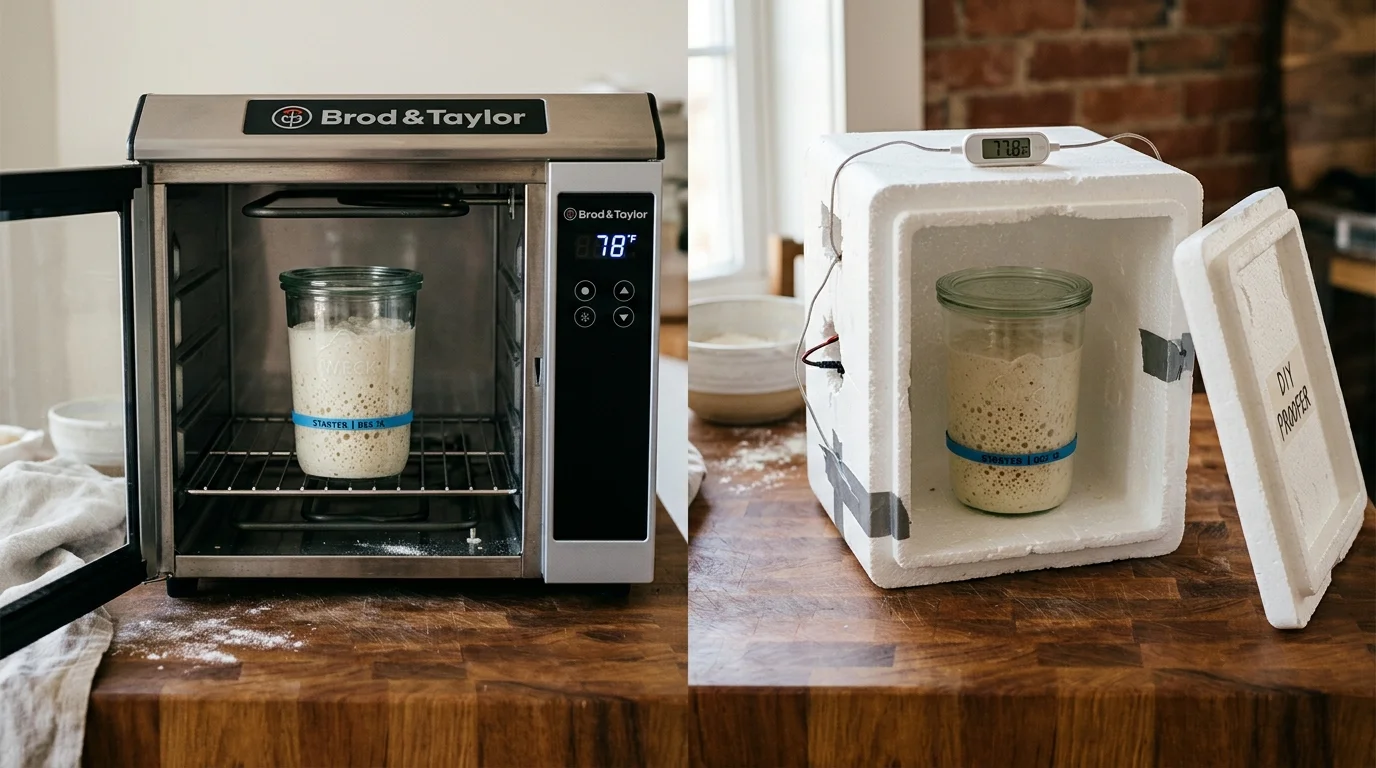 A Brød & Taylor proofer next to a DIY styrofoam box proofer, each holding a jar of bubbly sourdough starter.