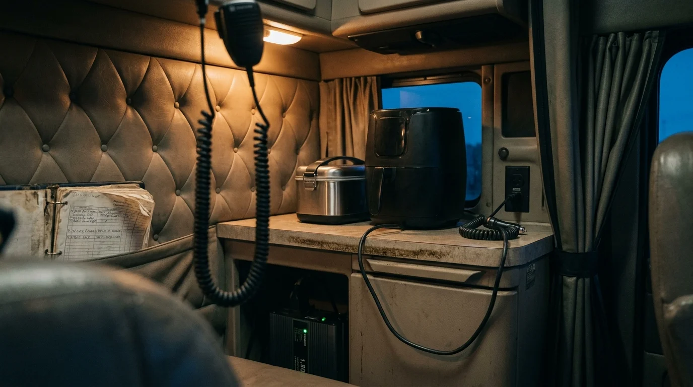 Black air fryer and metal lunchbox on a counter inside a semi-truck sleeper cab with an inverter below.