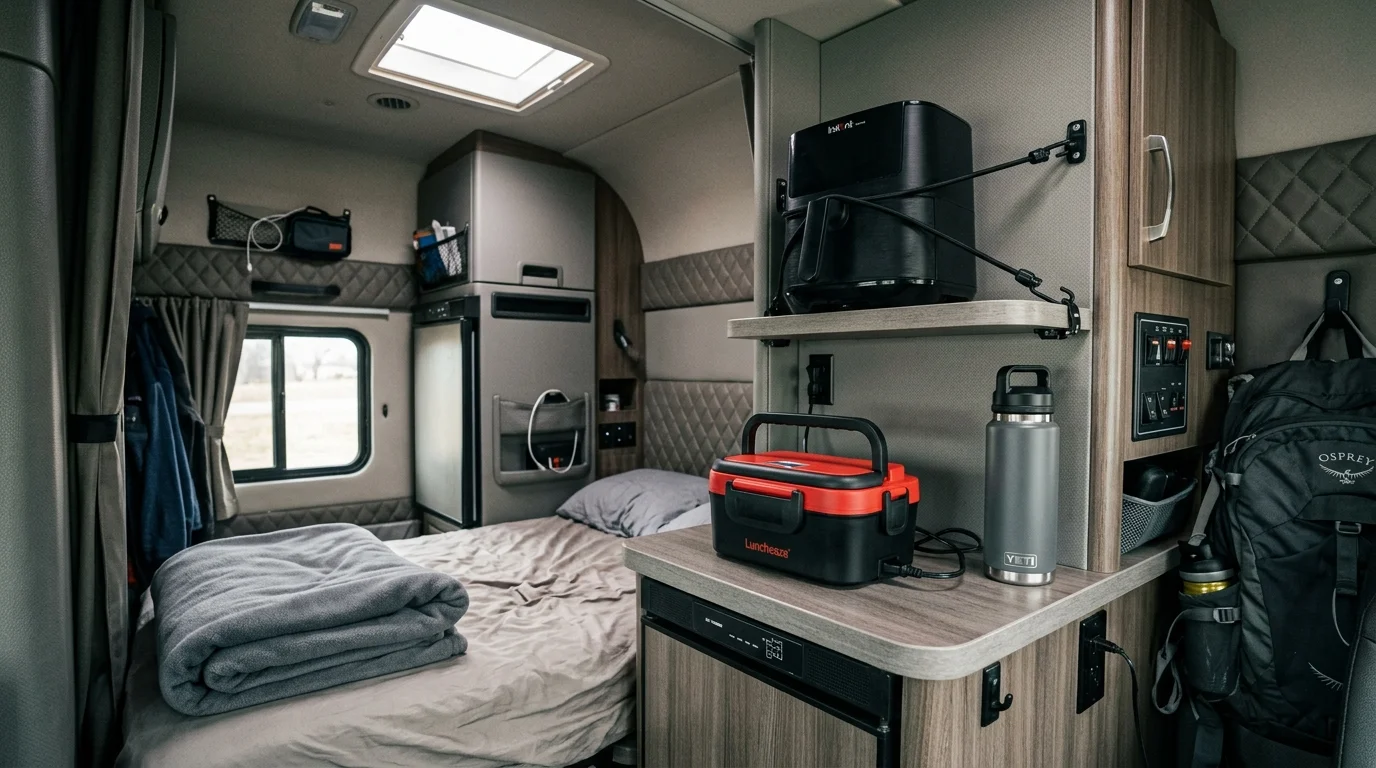 Semi-truck sleeper berth interior with a lunchbox on the counter and an air fryer strapped to an overhead shelf.
