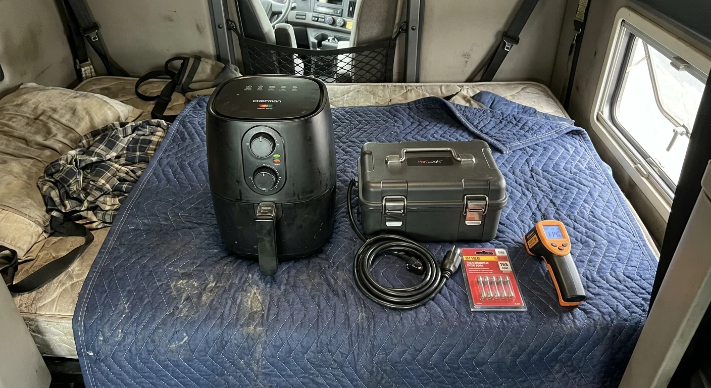 A black Chefman air fryer, hard-case HotLogic food warmer, power cord, fuses, and infrared thermometer on a truck bunk bed.