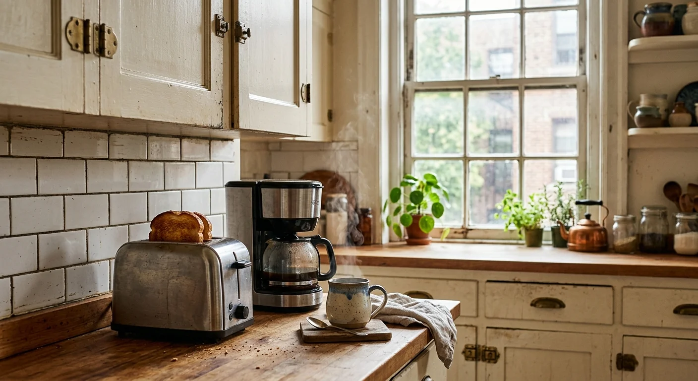 A toaster with browned toast, a drip coffee maker, and a steaming mug on a wooden countertop in a rustic kitchen.