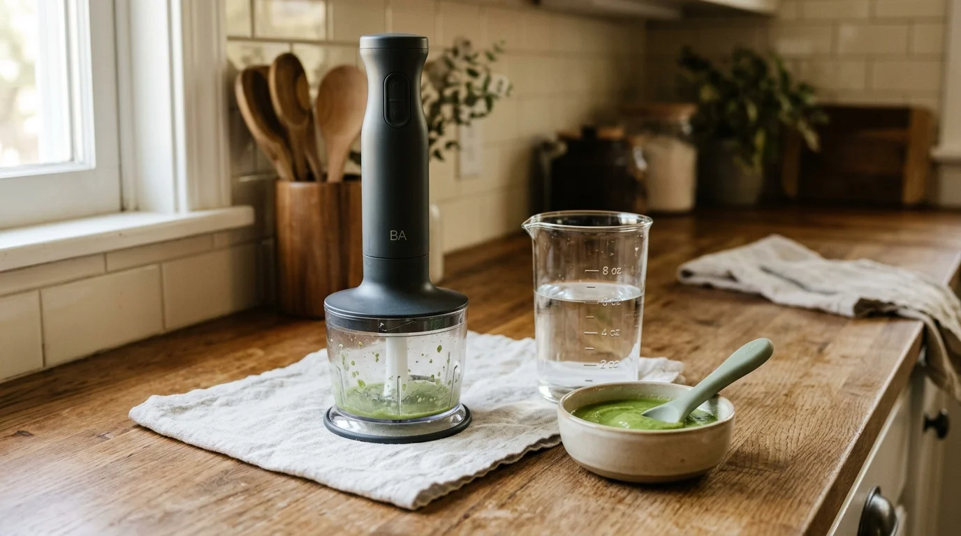 Immersion blender chopper attachment beside a measuring beaker and small bowl of green puree on a wooden counter.