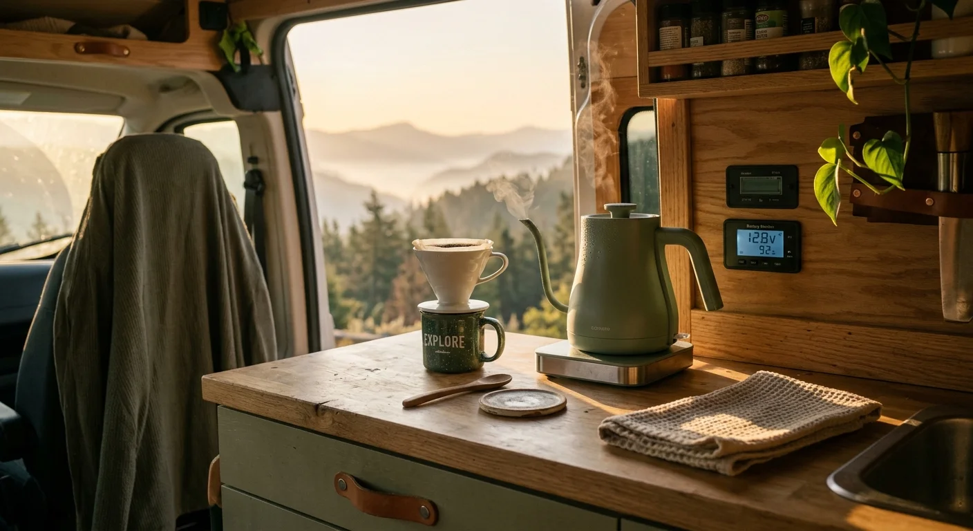 A steaming gooseneck kettle and pour-over coffee mug on a wooden camper van counter overlooking misty mountains.