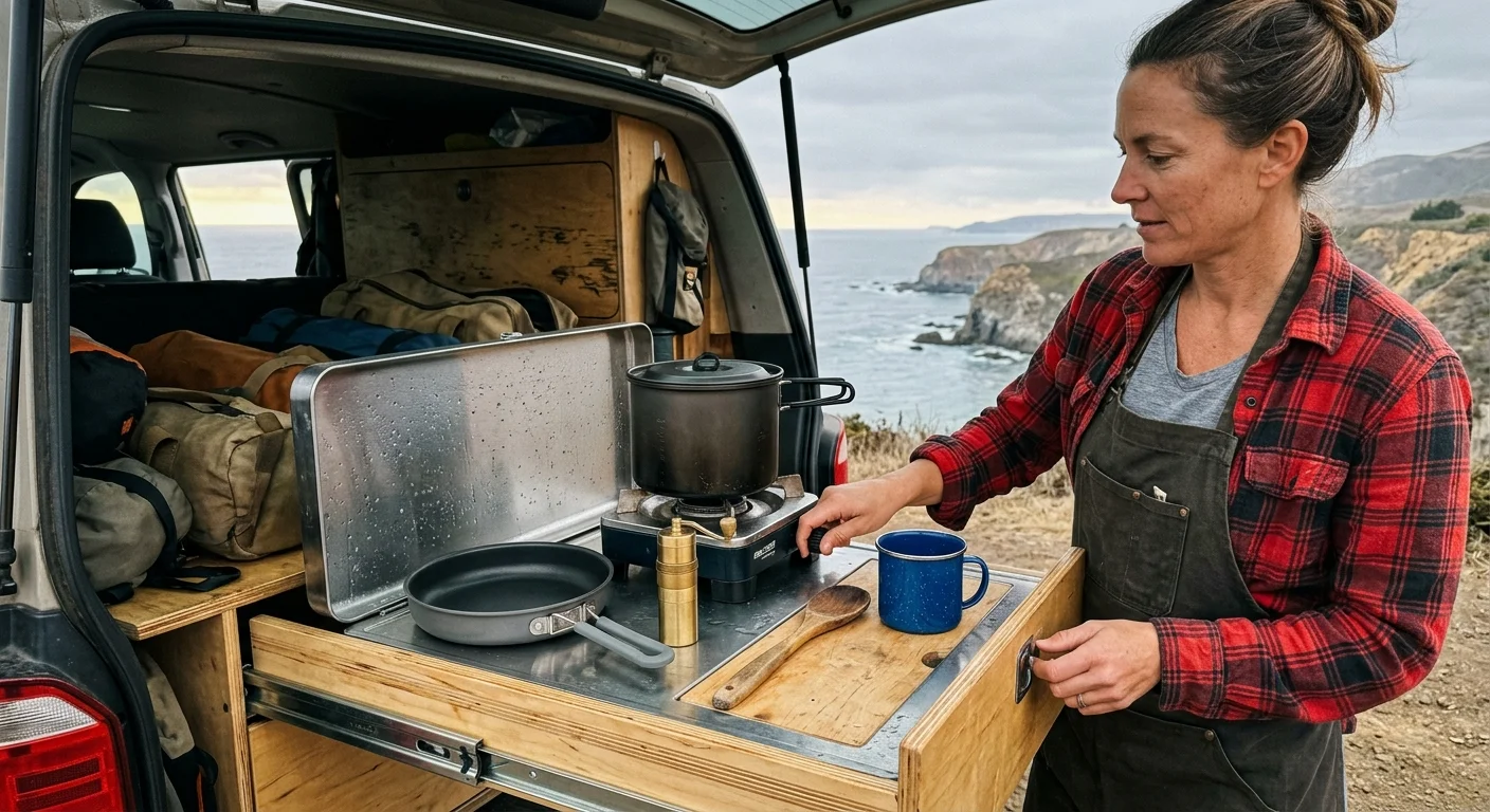 Woman cooking at a camper van slide-out kitchen overlooking the ocean, with a camp stove, pot, skillet, and blue mug.