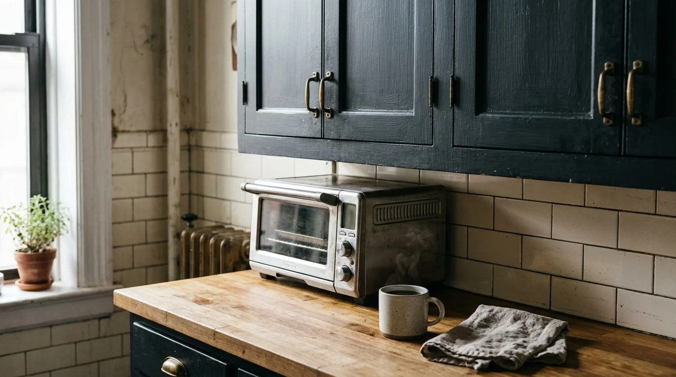 Small stainless steel toaster oven on a wooden countertop beneath low dark blue cabinets with a steaming mug nearby.