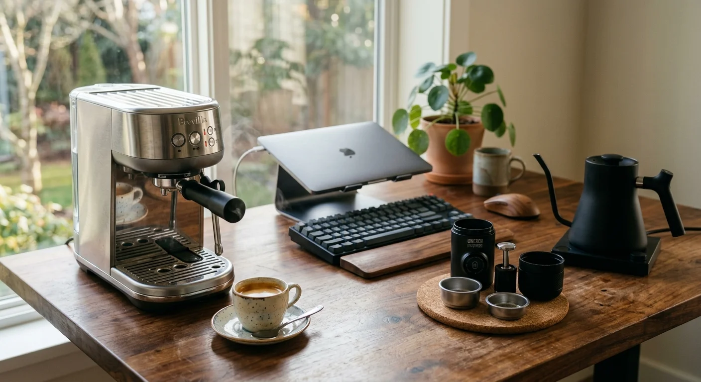 Espresso machine, laptop, manual coffee brewer, kettle, and an espresso cup arranged on a wooden desk by a window.