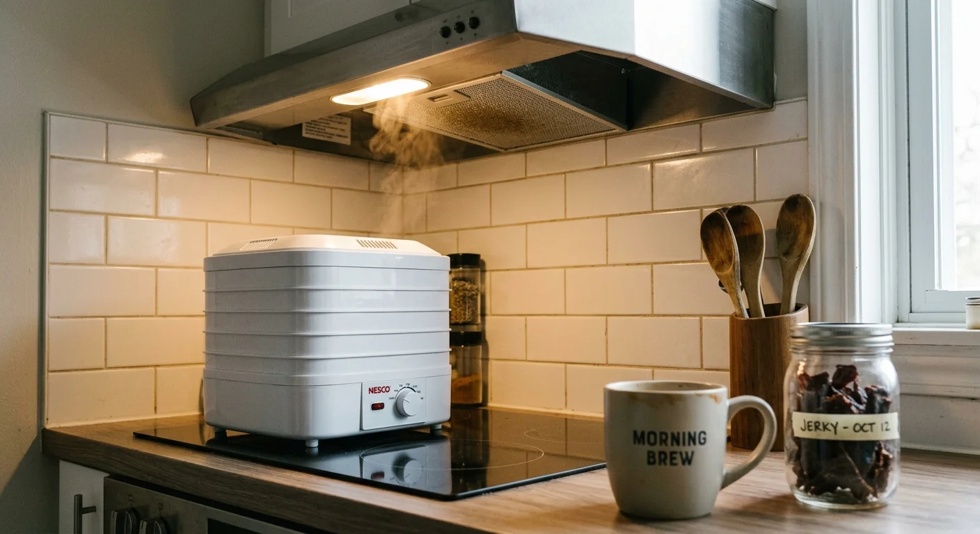 White Nesco food dehydrator venting steam directly under a stainless steel kitchen range hood on a stovetop.
