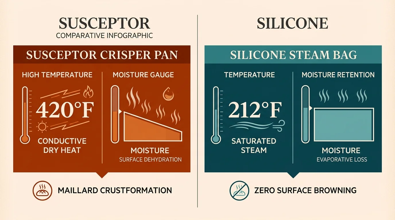 Infographic comparing a 420°F susceptor crisper pan with dry heat against a 212°F silicone steam bag with saturated steam.