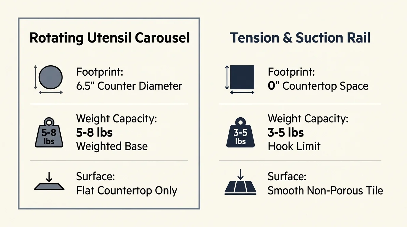 Comparative data infographic contrasting footprint, weight limits, and surface requirements of carousels versus rails.