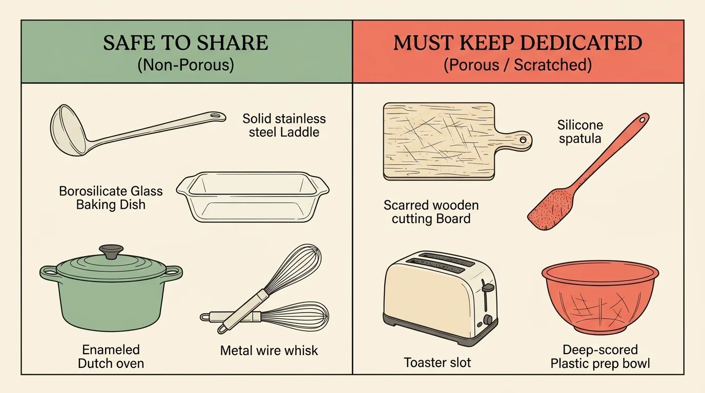Split infographic showing safe to share non-porous tools on the left and dedicated porous kitchen items on the right.