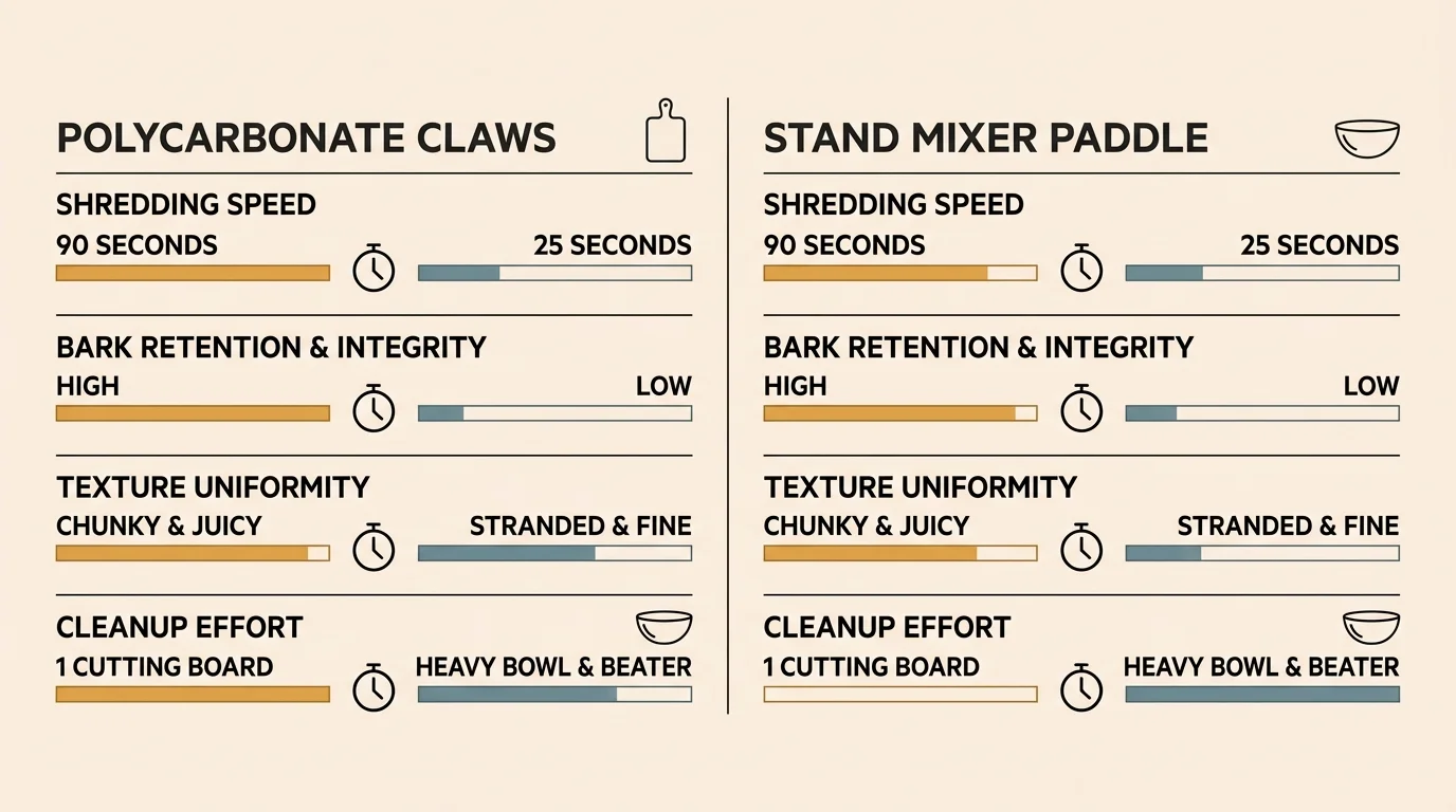 Comparative infographic chart displaying 5-pound pork shoulder test metrics between meat claws and stand mixer.
