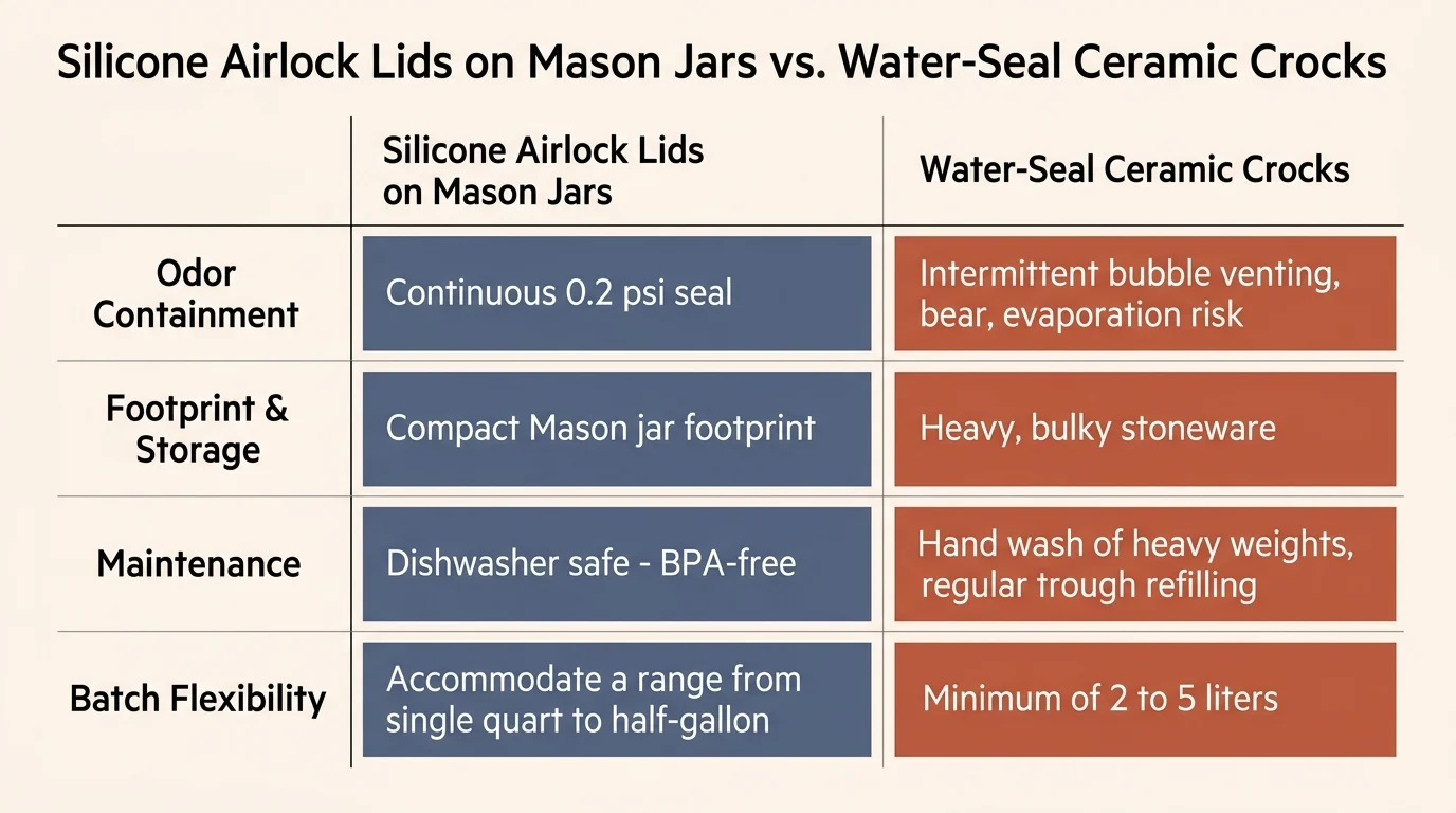 Comparison table contrasting silicone airlock lids on mason jars with water-seal ceramic crocks across four categories.
