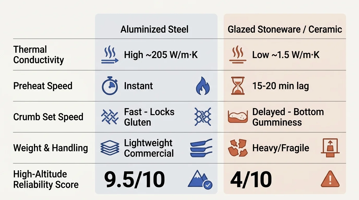 Comparison chart rating aluminized steel versus glazed stoneware across thermal conductivity, preheat, crumb set, and weight.