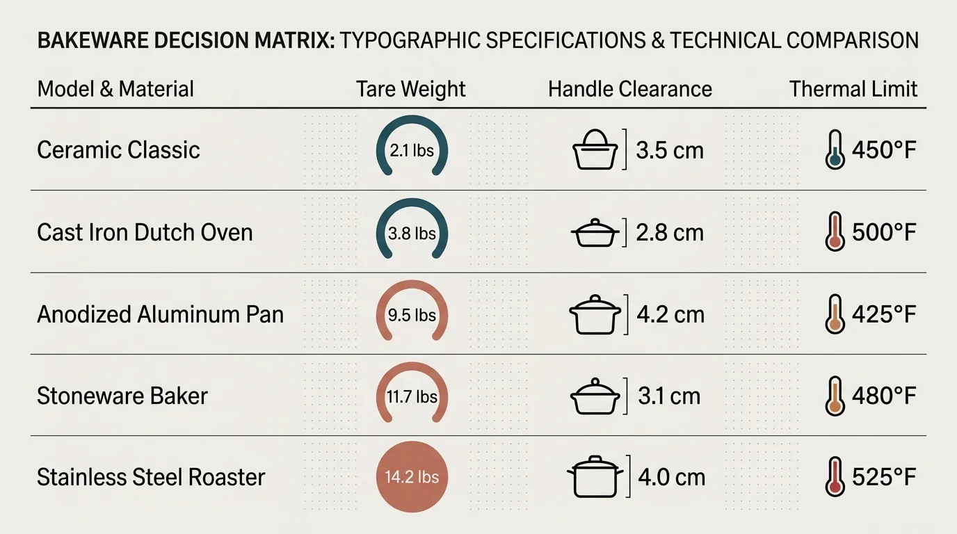 Table diagram titled Bakeware Decision Matrix comparing tare weight, handle clearance, and thermal limits across five models.