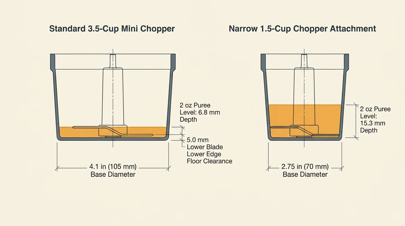 Diagram comparing liquid depth and blade clearance in a standard 3.5-cup mini chopper versus a 1.5-cup chopper attachment.
