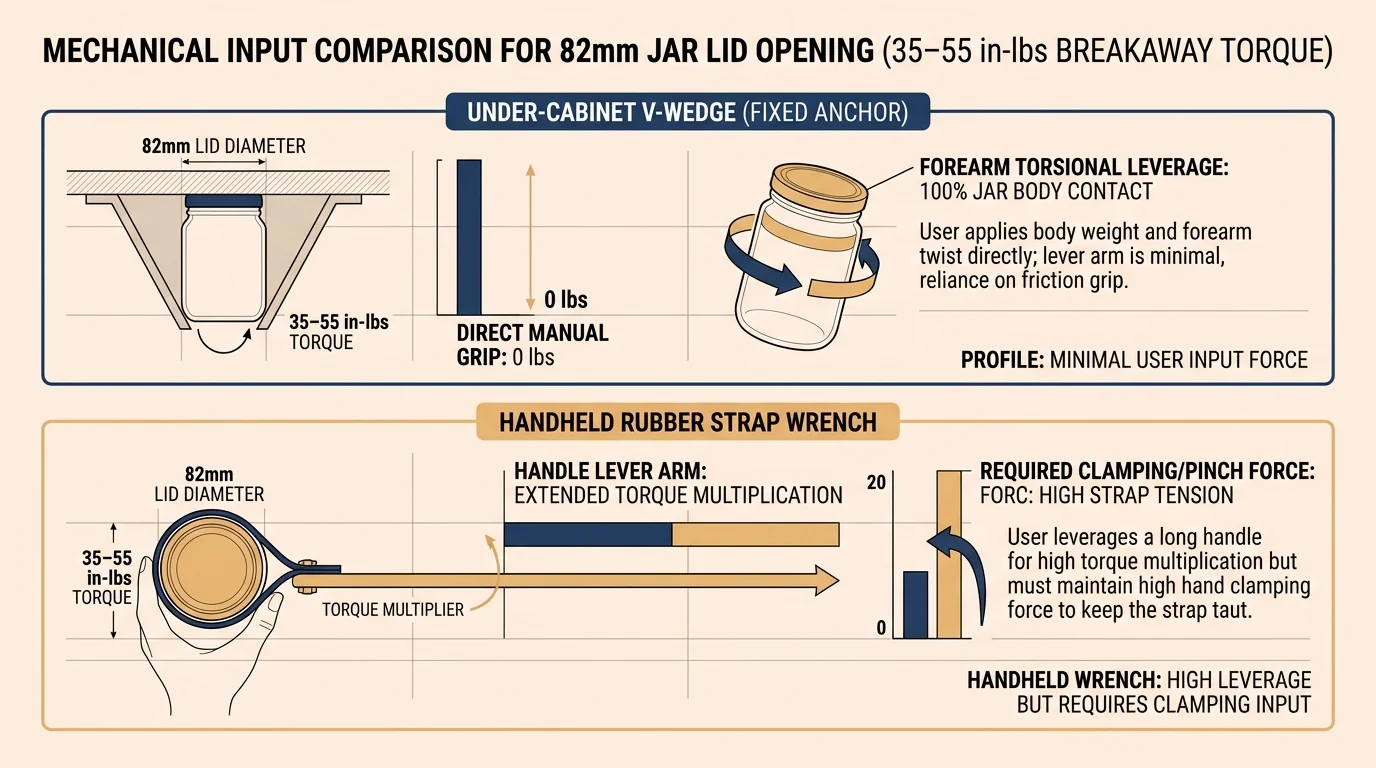Diagram comparing mechanical input of an under-cabinet V-wedge opener versus a handheld rubber strap wrench on an 82mm lid.