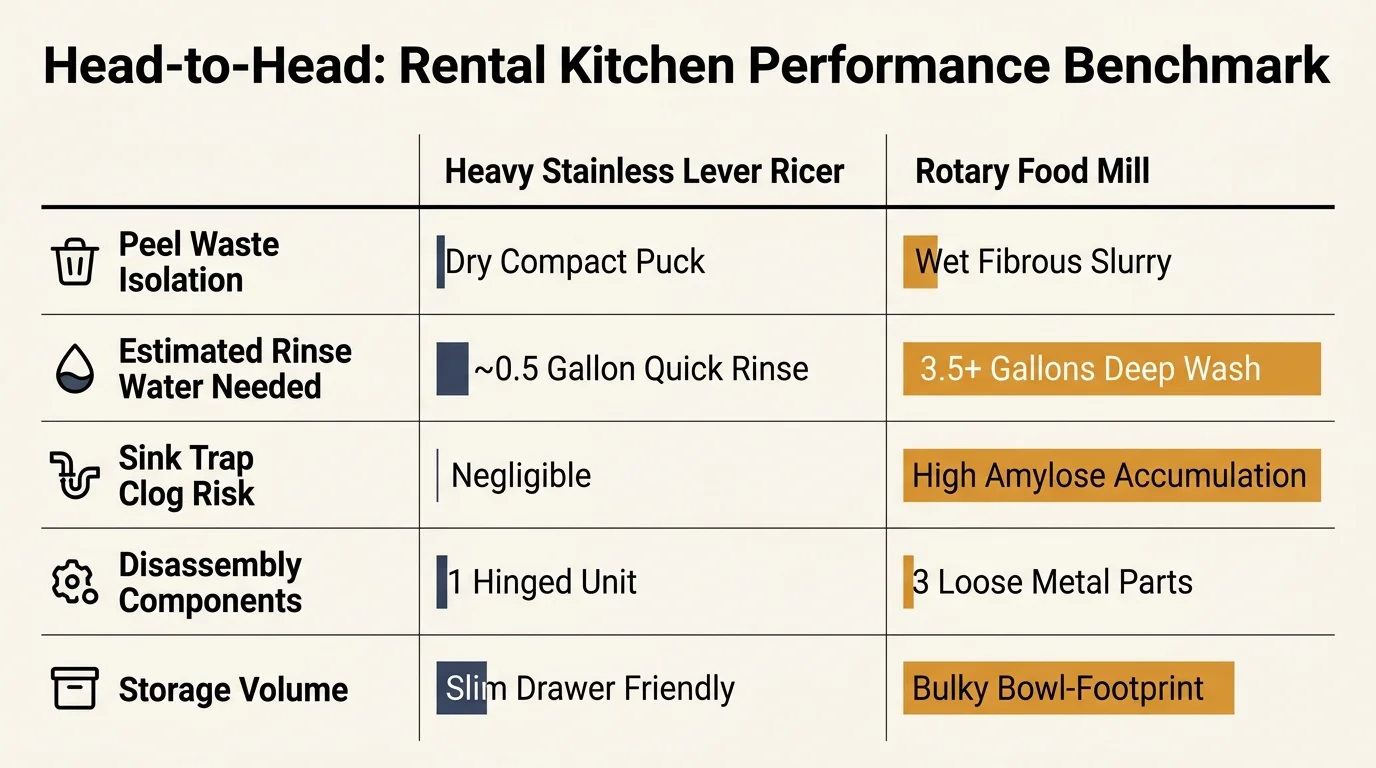 Table comparing a heavy stainless lever ricer against a rotary food mill across waste, rinse water, clog risk, and storage.
