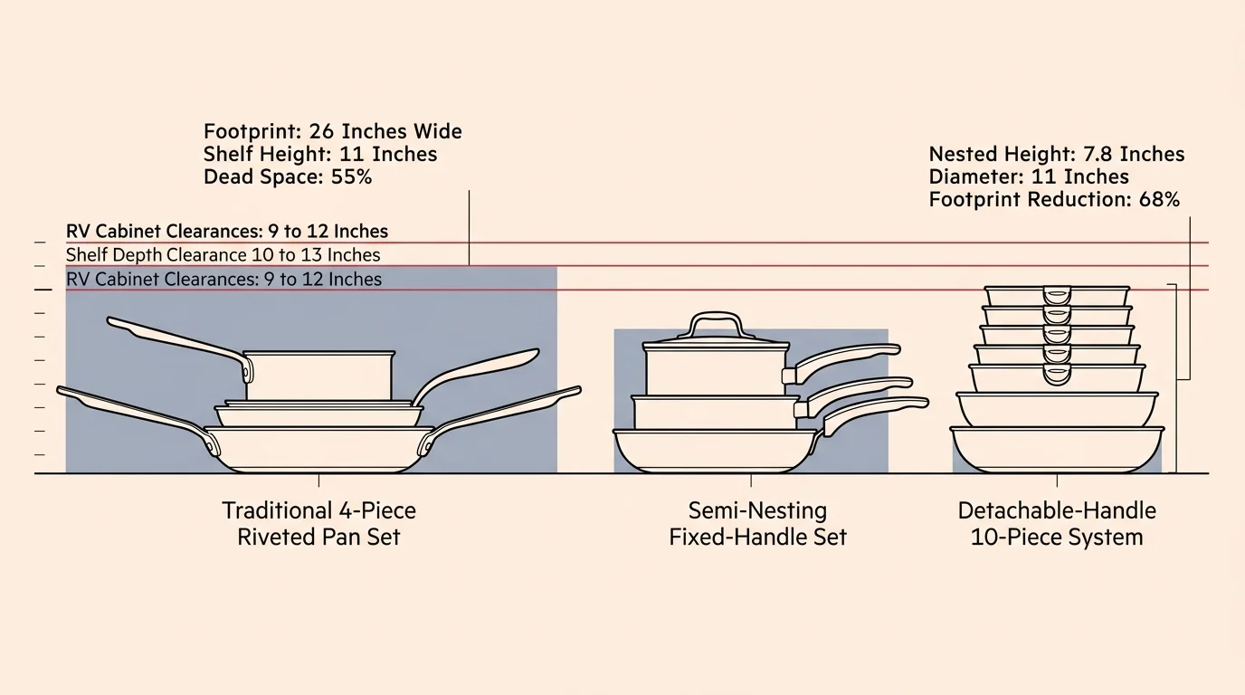 Diagram comparing storage footprints and nested heights of traditional, semi-nesting, and detachable-handle cookware sets.