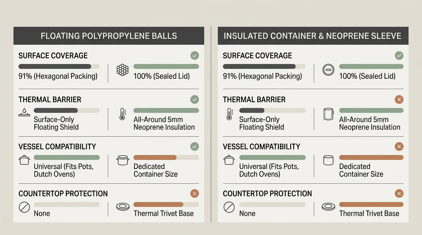 Diagram comparing floating polypropylene balls and an insulated container across coverage, thermal barrier, and compatibility.