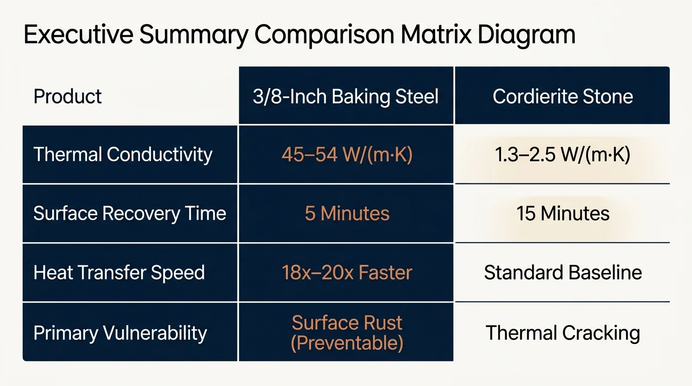 Comparison table contrasting 3/8-inch baking steel and cordierite stone across conductivity, recovery, speed, and vulnerability.