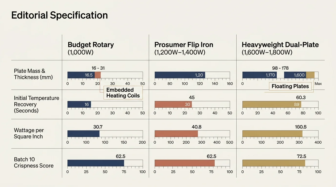 Specification chart comparing Budget Rotary, Prosumer Flip Iron, and Heavyweight Dual-Plate models across four metrics.