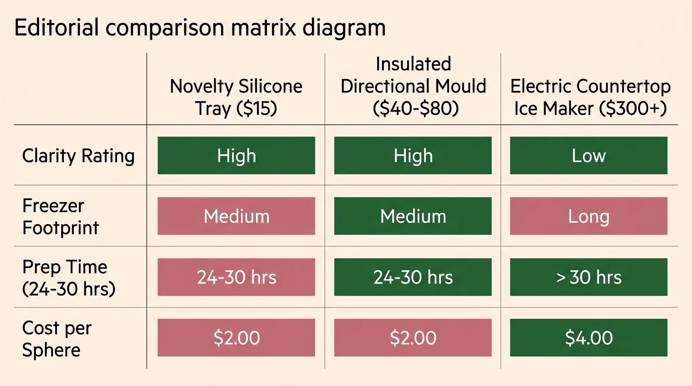 Comparison matrix evaluating silicone trays, directional moulds, and countertop ice makers across clarity, footprint, and cost.