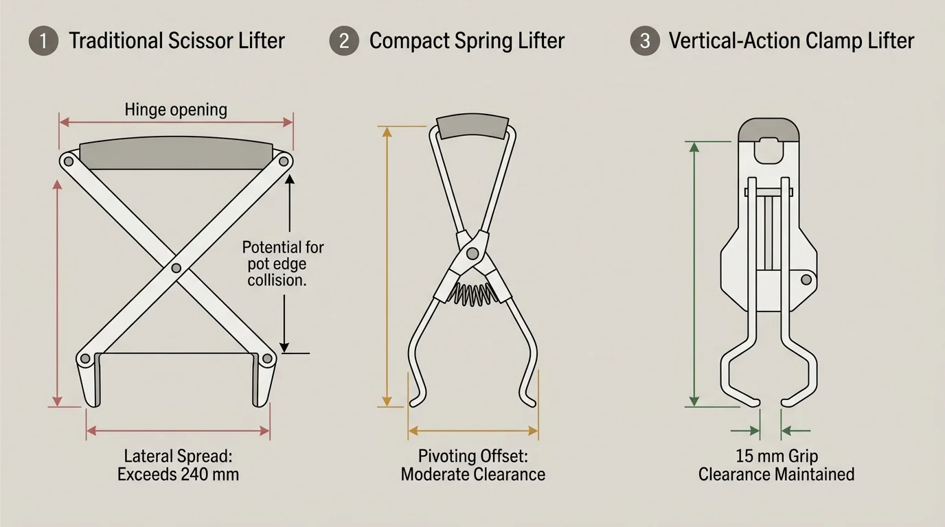 Diagram comparing dimensions of a traditional scissor lifter, compact spring lifter, and vertical-action clamp lifter.