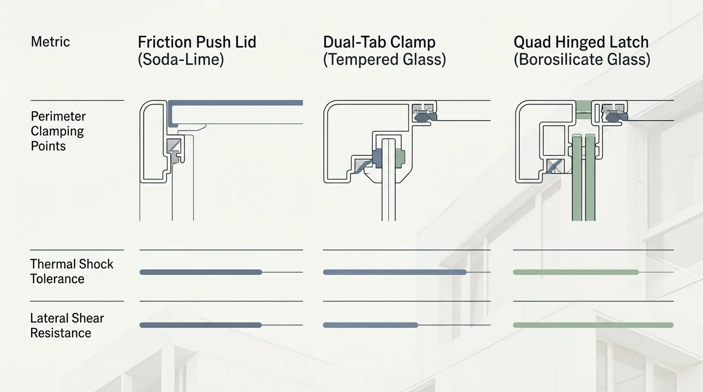 Diagram comparing cross-sections and performance bars for friction push lid, dual-tab clamp, and quad hinged latch containers.