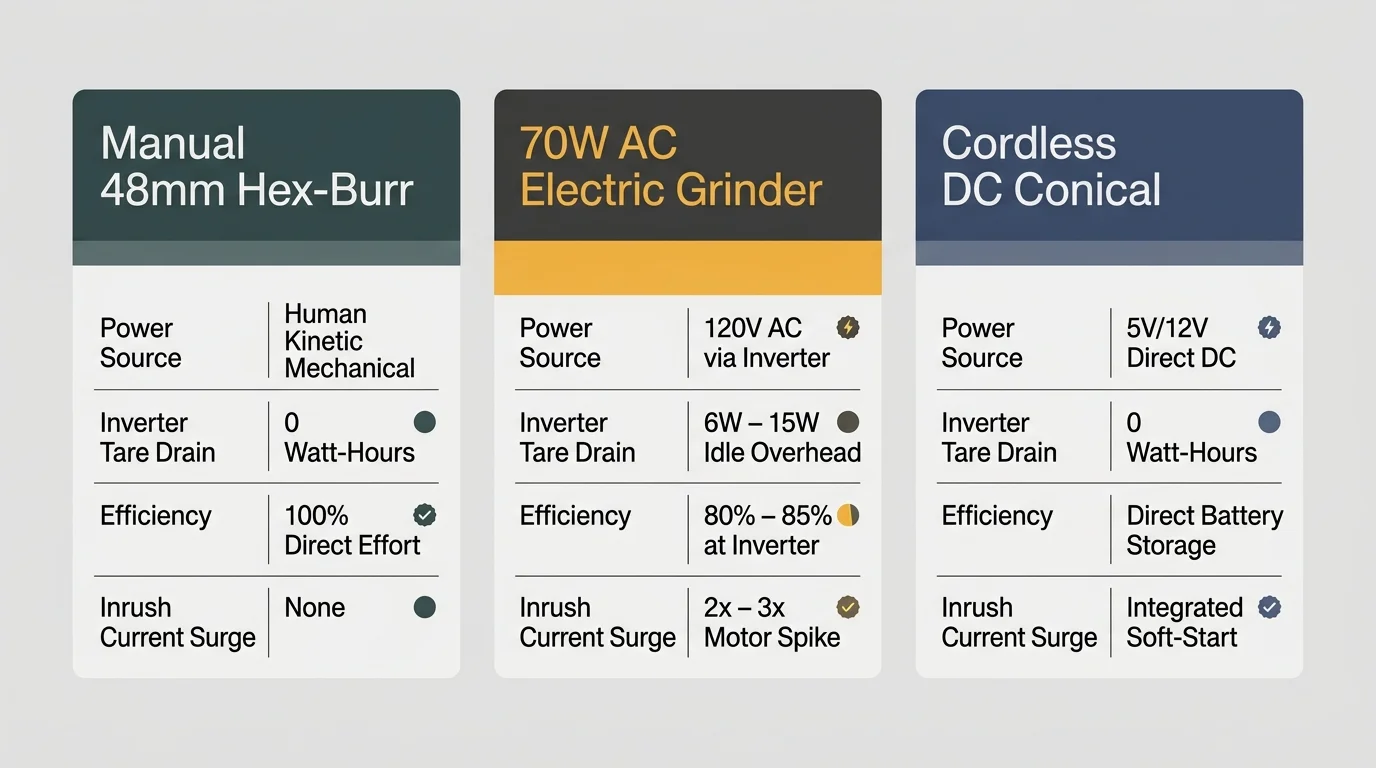 Comparison chart listing power source, inverter tare drain, efficiency, and inrush surge across three coffee grinder types.