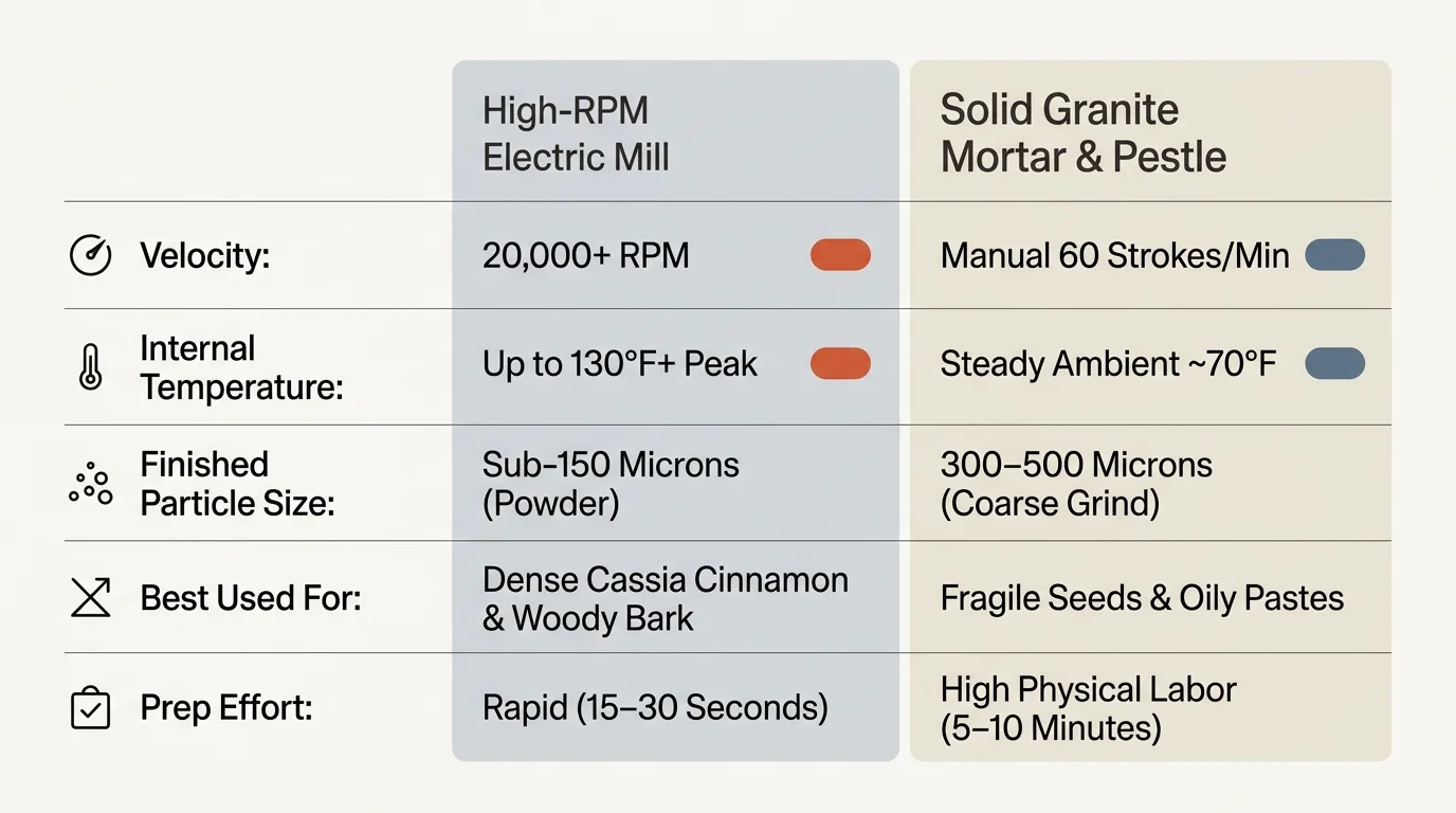 Comparison chart contrasting high-RPM electric spice mills against solid granite mortars across velocity, heat, and effort.