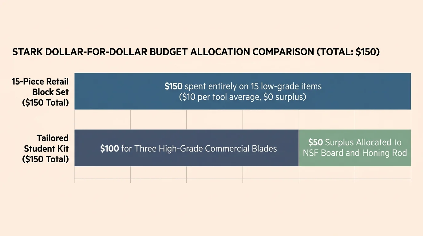 Horizontal bar chart comparing budget allocation between a 15-piece retail block set and a tailored student kit totaling $150.
