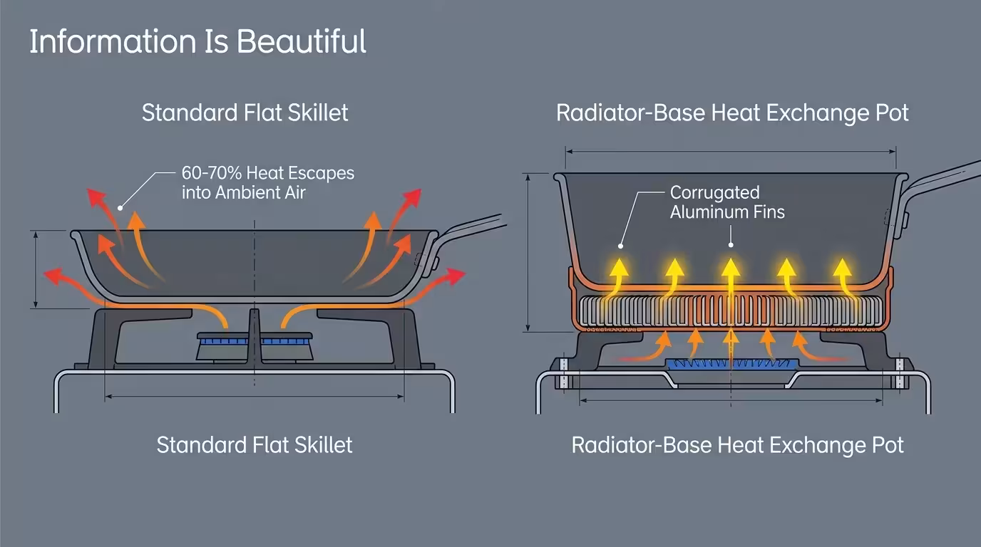 Diagram comparing heat escaping a flat skillet to heat captured by corrugated aluminum fins on a radiator-base pot.
