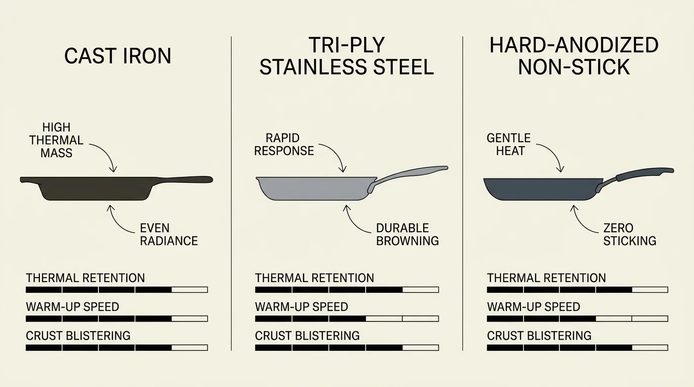 Comparison diagram showing thermal retention and heating rates across cast iron, stainless steel, and non-stick skillets.