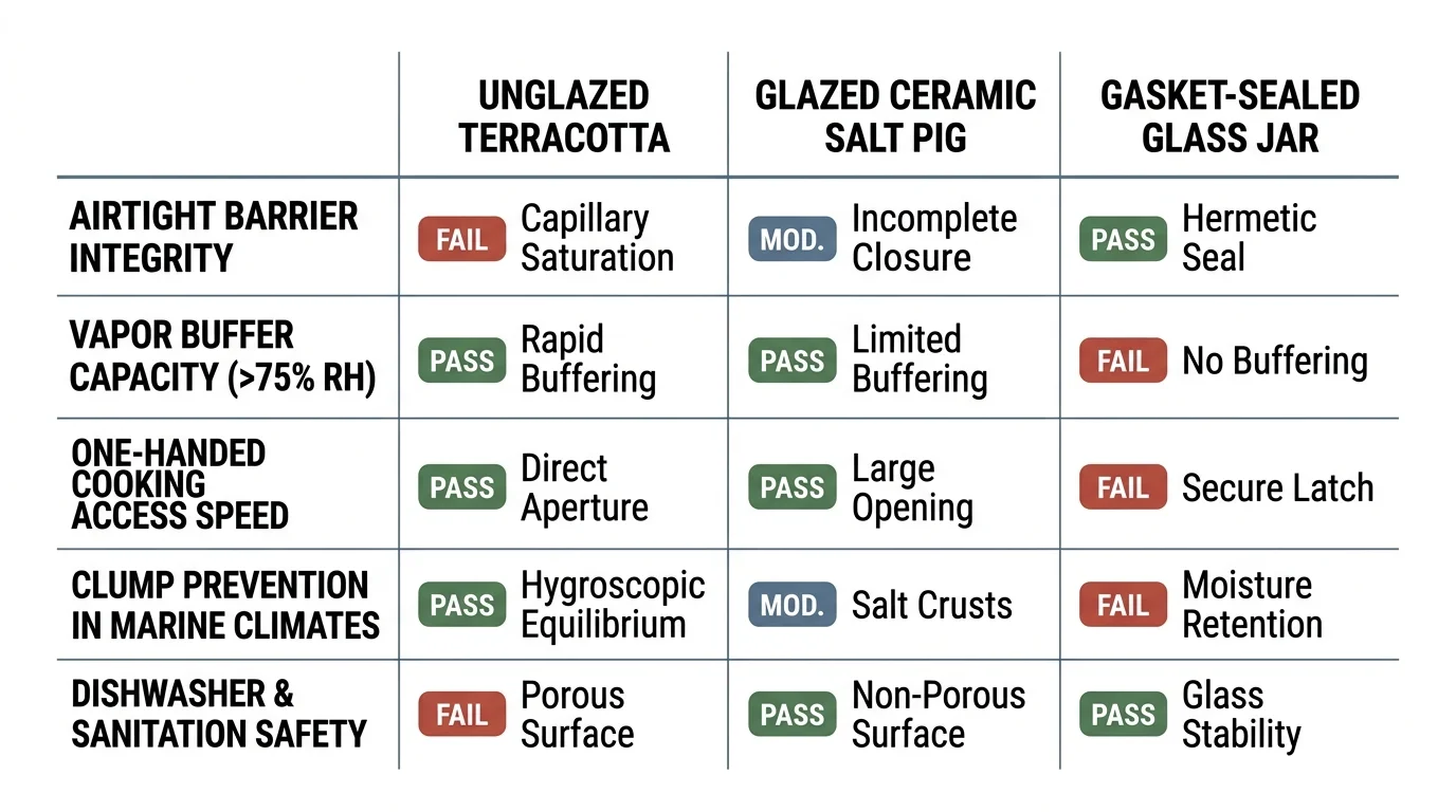 Comparison chart rating unglazed terracotta, glazed ceramic, and gasket-sealed glass across five performance criteria.